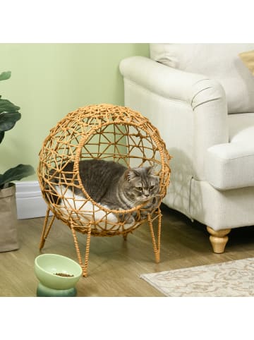 Pawhut Rattan Katzenkorb Braun Metall