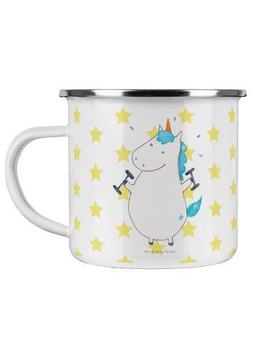 Mr. & Mrs. Panda Camping Emaille Tasse Einhorn Fitness ohne Spruch in Weiß