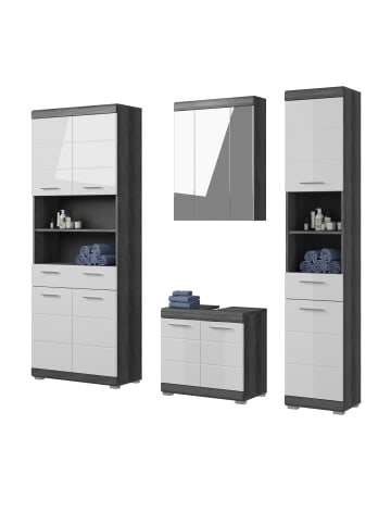 Inn.Furn Badmöbel-Set weiß Hochglanz, grau 4-teilig 186 cm, Komplettset mit 23 Fächern