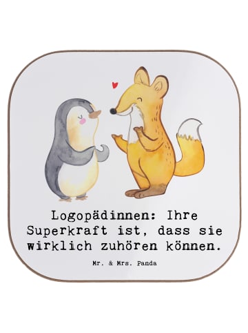 Mr. & Mrs. Panda Untersetzer Logopädin Superkraft mit Spruch in Weiß