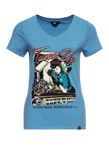 Queen Kerosin Queen Kerosin Kurzarm Print T-Shirt mit trendigem V-Ausschnitt Tune Up in blau