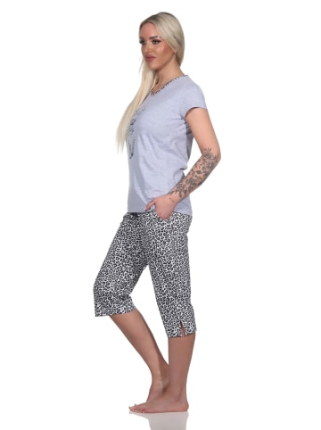 NORMANN Kurzarm Pyjama Schlafanzug und Caprihose AnimalprintLook in grau