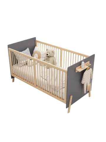 ABRIHOME Babybett in Blaugrau Natur 140x70x86 cm höhenverstellbar aus Massivholz