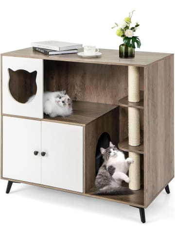 COSTWAY Katzenklo Schrank mit Kratzbaum in Braun