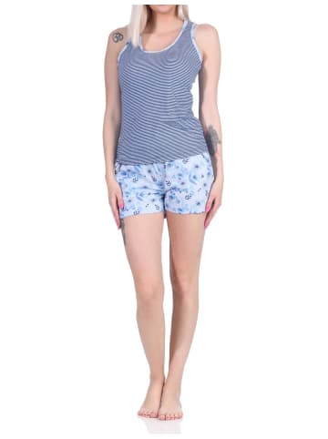 NORMANN Ärmelloser Achsel Shorty Pyjama Schlafanzug Spitzenbesatz - 73009 in hellblau