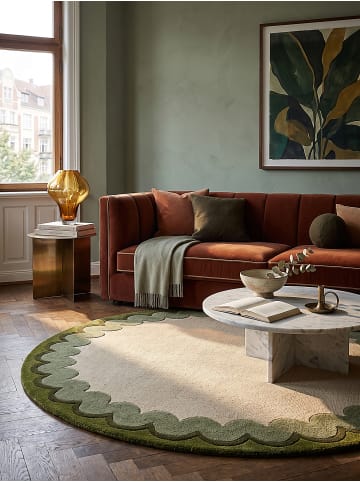 KADIMA DESIGN Teppich Wolle für Fußbodenheizung WAVENEY retro Wohnzimmer Diele in Olivgrün