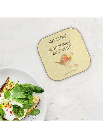 Mr. & Mrs. Panda Bierdeckel Rotkehlchen Federn mit Spruch in Gelb Pastell
