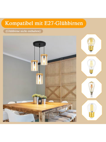 ZMH Pendelleuchte in schwarz 3-flammige E27 vintage rund Glas und Holz