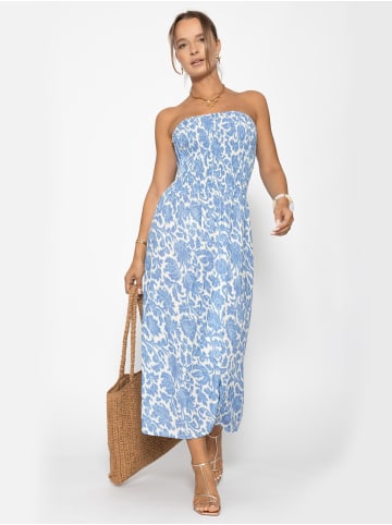 SASSYCLASSY Gesmoktes Bandeau-Kleid mit Print in Jeansblau