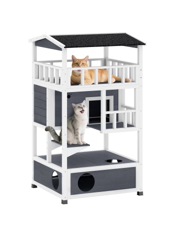 Pawhut Katzenhaus Grau+Weiß Tannenholz