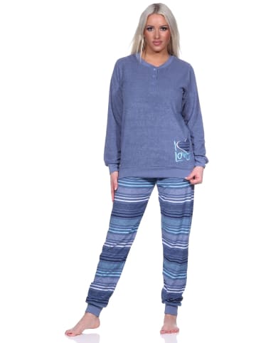 NORMANN Frottee Schlafanzug langarm Bündchen Hose gestreift - 75871 in blau-melange