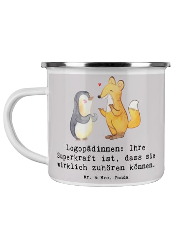 Mr. & Mrs. Panda Tasse Logopädin Superkraft mit Spruch in Grau Pastell
