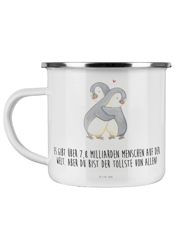 Mr. & Mrs. Panda Camping Emaille Tasse Pinguine Kuscheln mit Spruch in Weiß