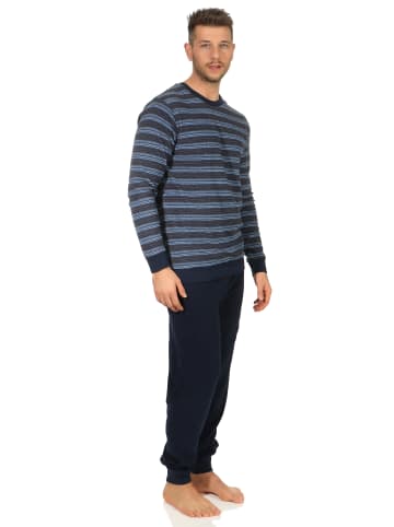 NORMANN Frottee Schlafanzug lang Bündchen Pyjama Streifen - 51686 in marine