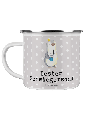 Mr. & Mrs. Panda Camping Emaille Tasse Pinguin Bester Schwiegers... in Grau Pastell