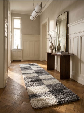 KADIMA DESIGN Teppich Hochflor Shaggy Waschbar Karo WERFEN Strapazierfähig in Hellgrau