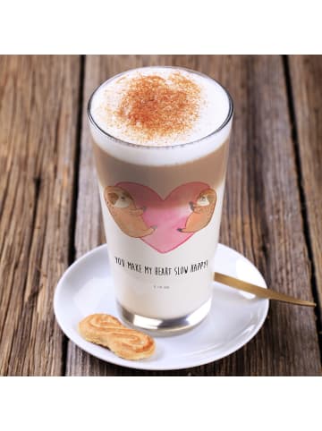 Mr. & Mrs. Panda Latte Macchiato Glas Faultiere Herz mit Spruch in Transparent