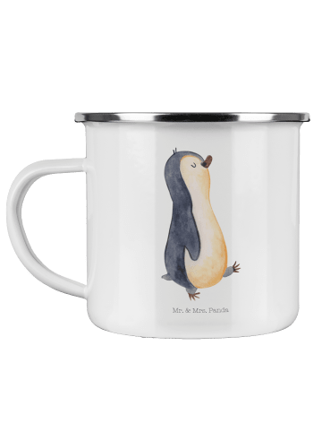 Mr. & Mrs. Panda Camping Emaille Tasse Pinguin marschieren ohne ... in Weiß