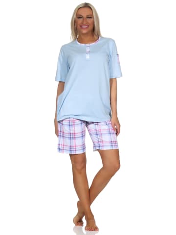 NORMANN Schlafanzug kurzarm Pyjama Shorty karierte Jersey Hose - 85267 in hellblau