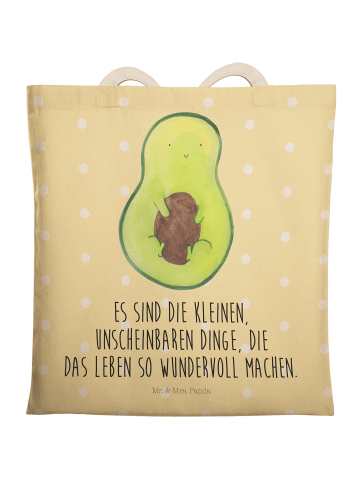 Mr. & Mrs. Panda Einkaufstasche Avocado Kern mit Spruch in Gelb Pastell