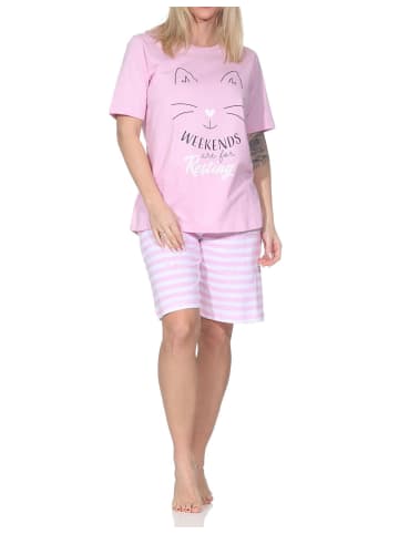 NORMANN Kurzarm Schlafanzug Shorty Pyjama Katzen Optik Übergröße 125 205 380 in rosa