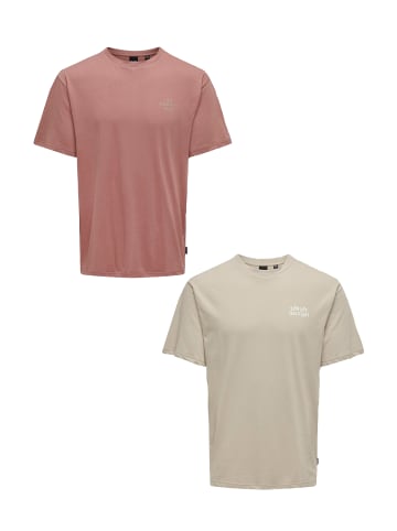 Only&Sons 2er-Set T-Shirt locker geschnitten Rundhals in Beige-Rot