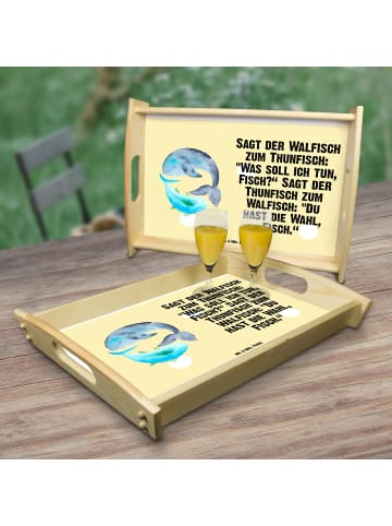 Mr. & Mrs. Panda Holz Servierbrett Walfisch Thunfisch mit Spruch in Gelb Pastell