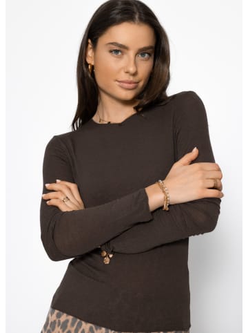SASSYCLASSY Gestreiftes, leicht transparentes Langarmshirt mit Kaschmiranteil in Dunkelbraun