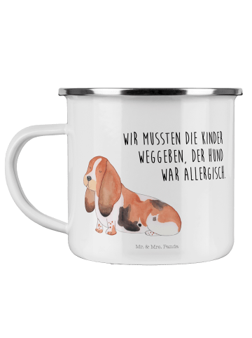 Mr. & Mrs. Panda Camping Emaille Tasse Hund Basset Hound mit Spruch in Weiß