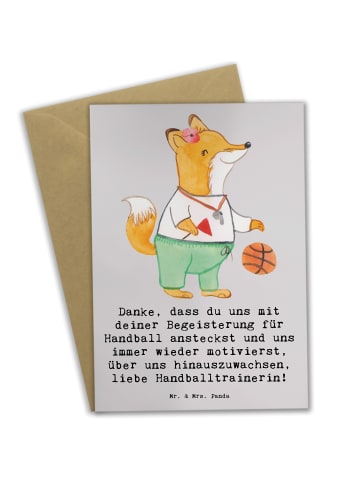 Mr. & Mrs. Panda Grußkarte Handball Trainerin Dankeschön mit Spruch in Grau Pastell