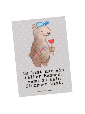 Mr. & Mrs. Panda Postkarte Klempner Herz mit Spruch in Grau Pastell