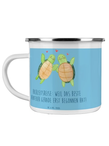 Mr. & Mrs. Panda Blechtasse Hochzeitsreise Abenteuer mit Spruch in Sky Blue
