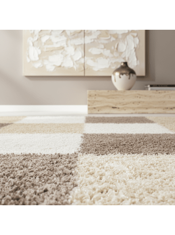 KADIMA DESIGN Teppich Hochflor Karo Polypropylen Wohnzimmer Shaggy in Mokka