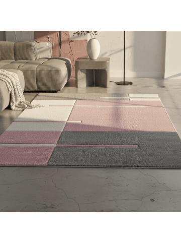 KADIMA DESIGN Teppich Kurzflor Waschbar Karo MONZA Strapazierfähig OEKO-TEX in Pink