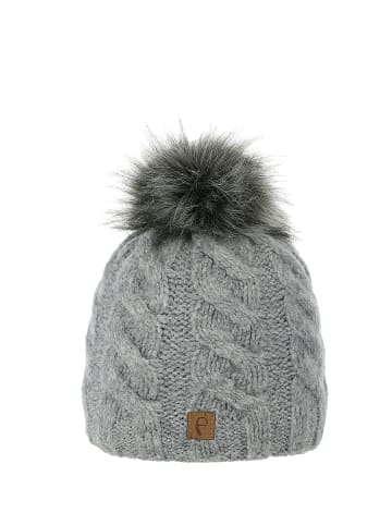 Faera Warmes Beanie mit Kunstfell Bommel Zopfmuster in Grau
