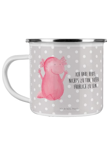 Mr. & Mrs. Panda Camping Emaille Tasse Axolotl Hurra mit Spruch in Grau Pastell