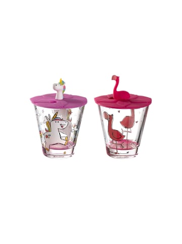 LEONARDO 2er Set Kinderbecher mit Deckel Bambini in 215 ml in Einhorn & Flamingo