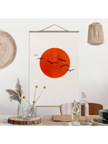 WALLART Stoffbild - Vogelschwarm vor roter Sonne I in Rot
