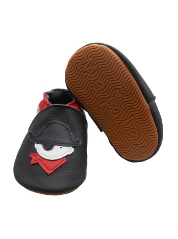 Mejale Schwarze Baby-Laufanfänger aus echtem Leder, rutschfeste Sohlen –Piraten-Design