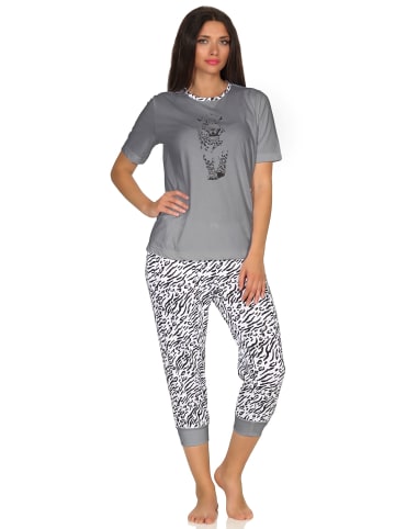 NORMANN Capri Pyjama kurzarm Schlafanzug Caprihose Bündchen Tiger in grau