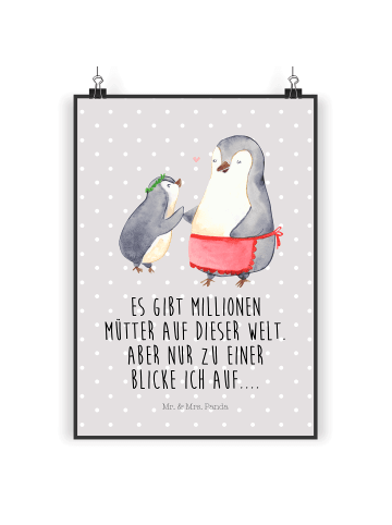 Mr. & Mrs. Panda Poster Pinguin mit Kind mit Spruch in Grau Pastell