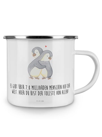 Mr. & Mrs. Panda Camping Emaille Tasse Pinguine Kuscheln mit Spruch in Weiß