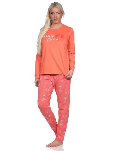 NORMANN Verspielte Pyjama lang Schlafanzug floralem Muster - 75118 in apricot