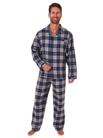 NORMANN Flanell Pyjama Schlafanzug langarm zum durchknöpfen - 50081 in marine