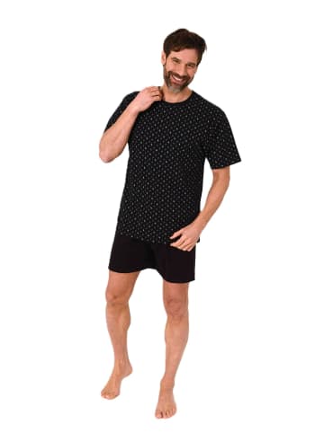 NORMANN Kurzarm Schlafanzug Shorty Pyjama Minimalprint in schwarz