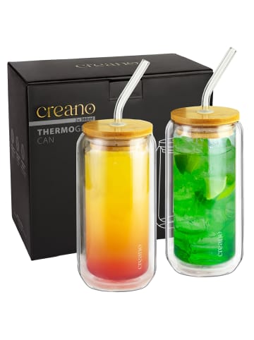 Creano 2 Thermogläser mit Glastrinkhalm und Bambusdeckel 360ml