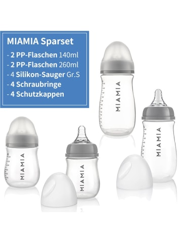MiaMia PP-Flasche 4er Pack 140 ml & 260 ml + Silikon-Trinksauger in grau