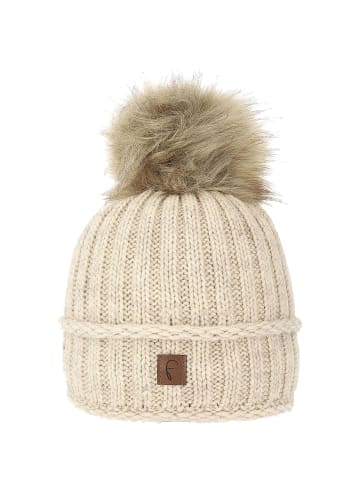 Faera Warme Strickmütze mit Kunstfell und Thermo-Fleece in Beige