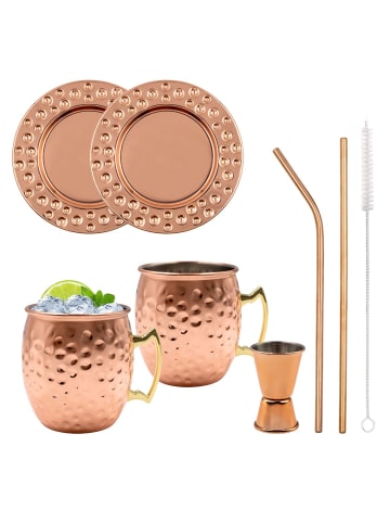 Intirilife Moscow Mule Cocktail Becher 2er Set 450 ml mit Untersetzer Strohhalme in Kupfer