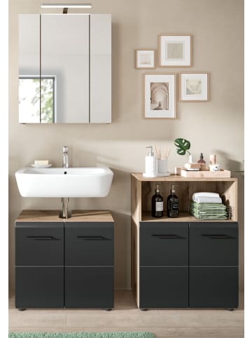 Inn.Furn Badmöbel-Set 3-teilig schwarz matt, Eiche Nox, Badezimmer Set 135 x 185 cm